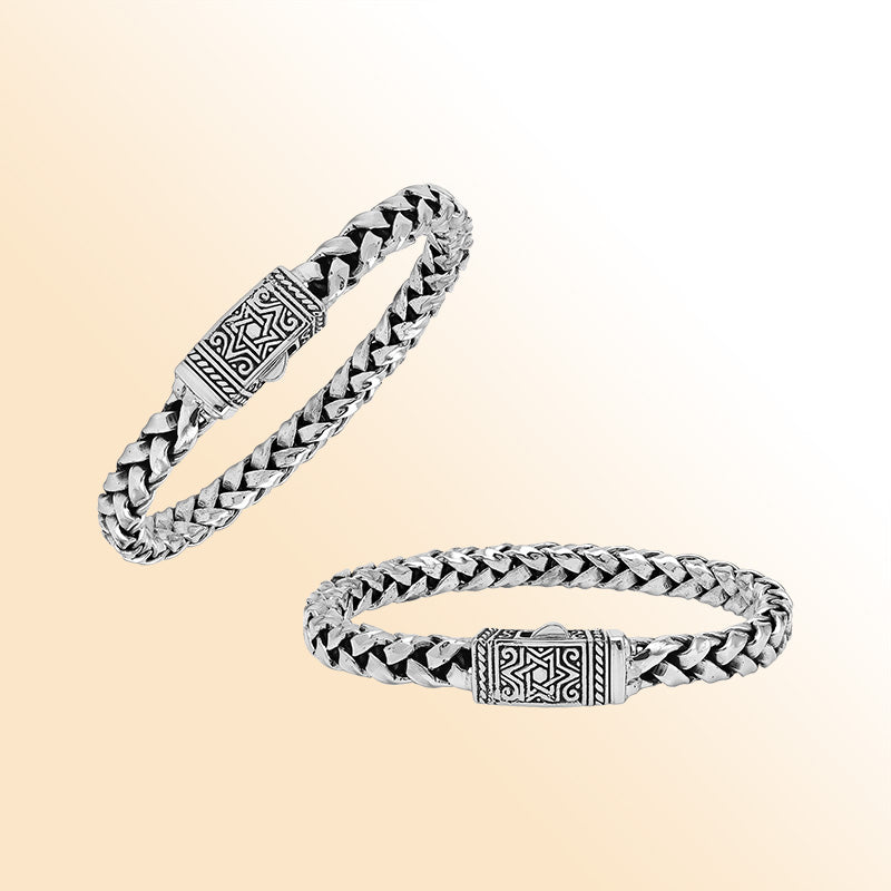 Sterling silver flat Bali weave heritage bracelet with geometric clasp handcrafted in Bali, Indonesia.
