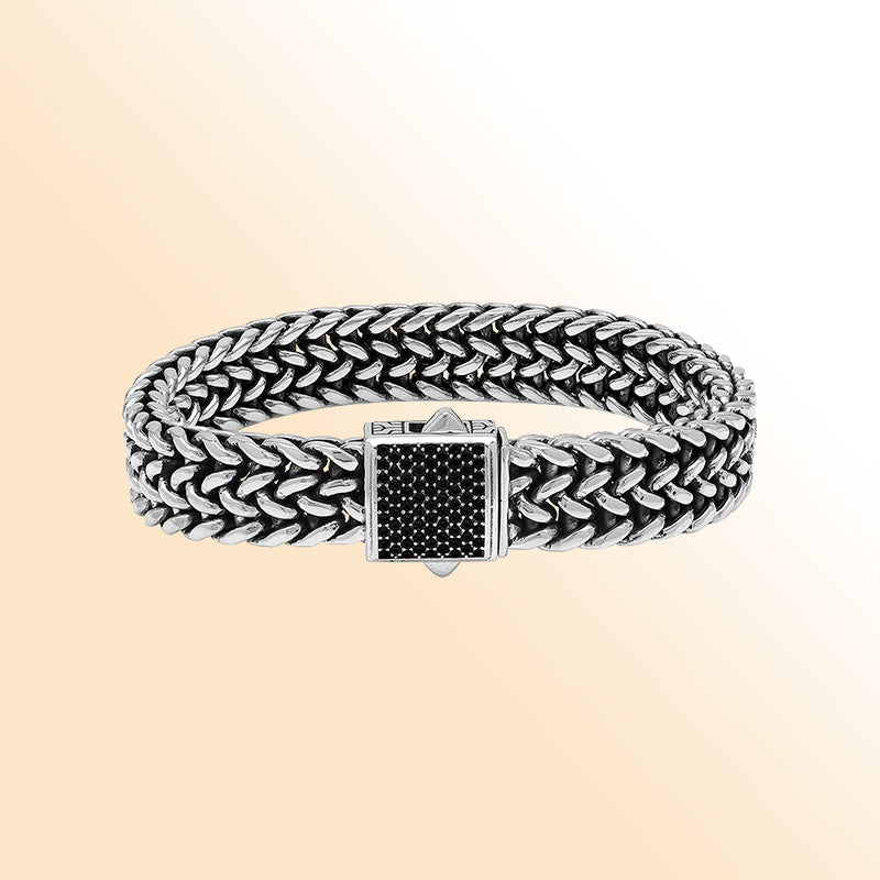Sterling silver Bali weave heritage bracelet with black cubic zirconia clasp handcrafted in Bali, Indonesia.