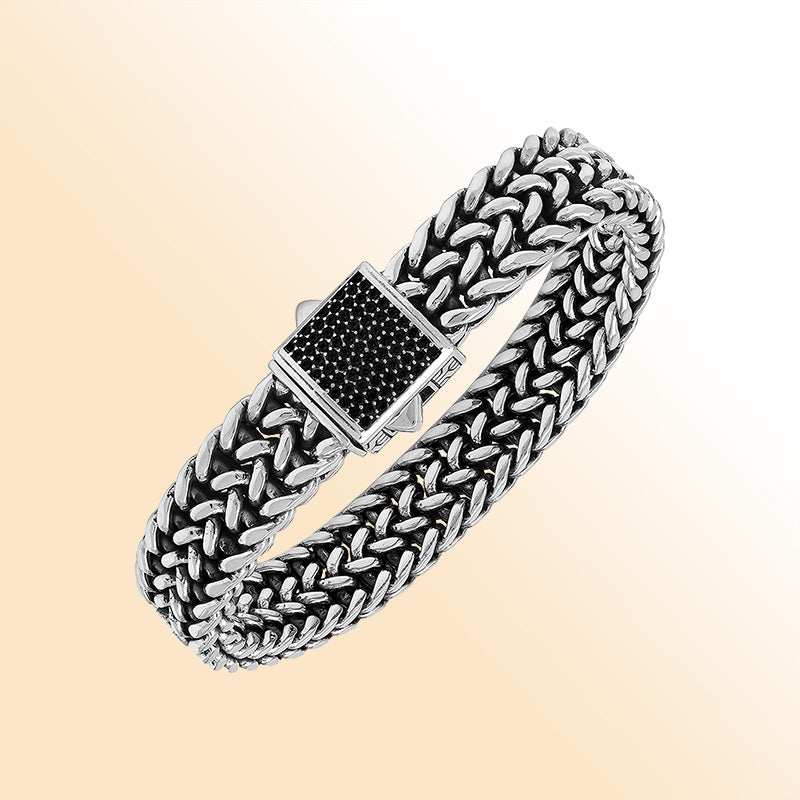 Sterling silver Bali weave heritage bracelet with black cubic zirconia clasp handcrafted in Bali, Indonesia.