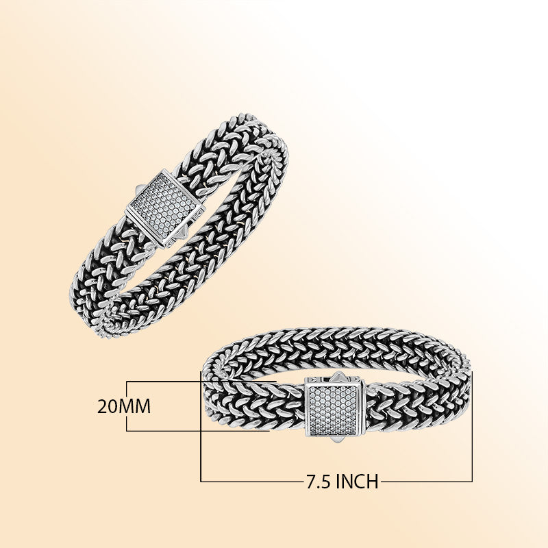 Sterling silver Bali weave heritage bracelet with white cubic zirconia clasp handcrafted in Bali, Indonesia.