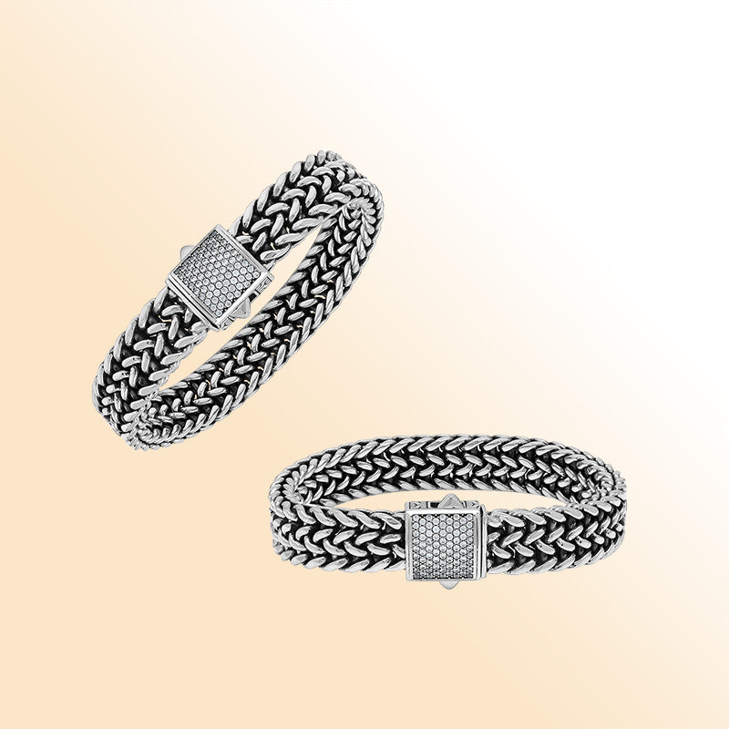 Sterling silver Bali weave heritage bracelet with white cubic zirconia clasp handcrafted in Bali, Indonesia.