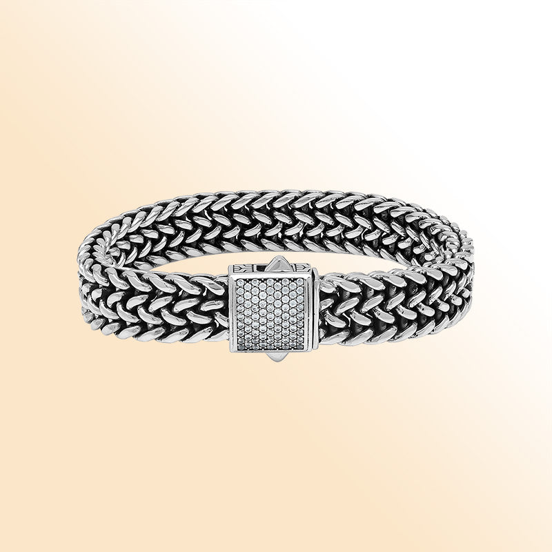 Sterling silver Bali weave heritage bracelet with white cubic zirconia clasp handcrafted in Bali, Indonesia.