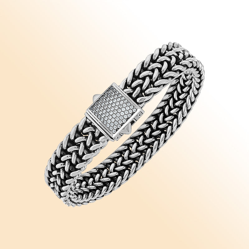 Sterling silver Bali weave heritage bracelet with white cubic zirconia clasp handcrafted in Bali, Indonesia.