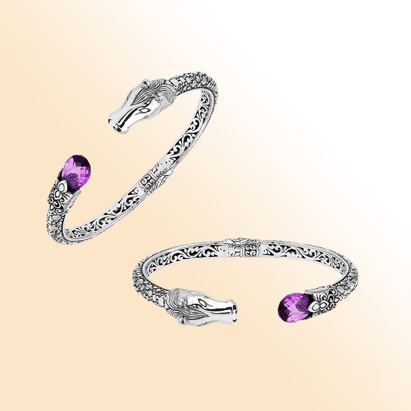 Handcrafted sterling silver dragon head bangle with Amethyst Quartz from Bali, featuring intricate filigree design and antique finish.