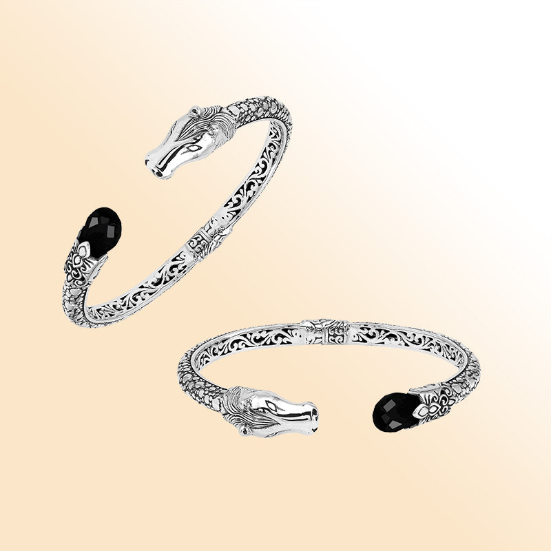 Handcrafted sterling silver dragon head bangle with Black Onyx from Bali featuring detailed filigree and antique finish.