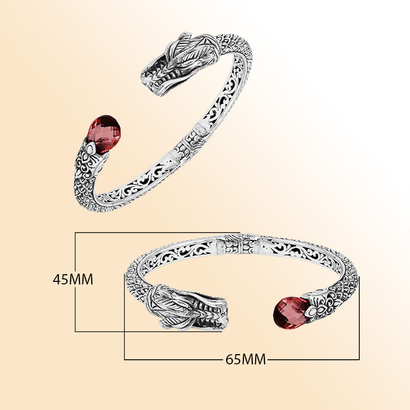 Sterling silver dragon spirit cuff bracelet with garnet quartz handcrafted in Bali