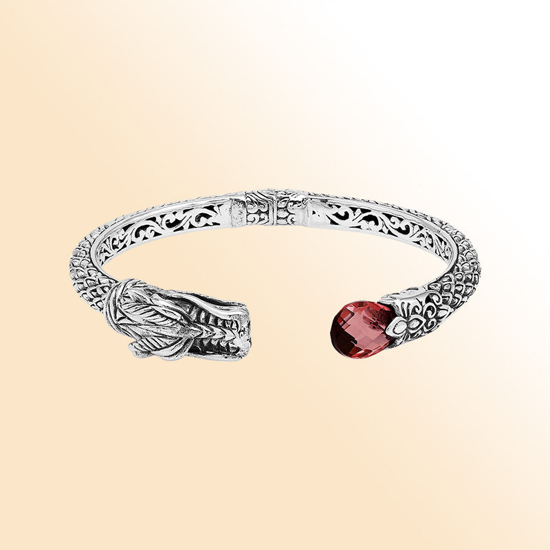Sterling silver dragon spirit cuff bracelet with garnet quartz handcrafted in Bali