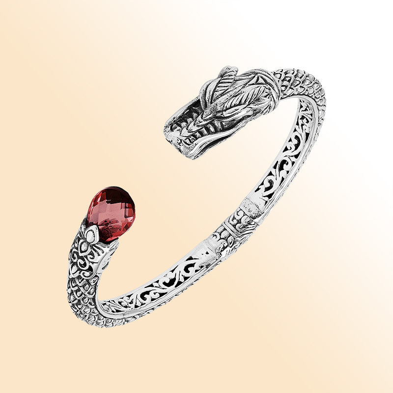 Sterling silver dragon spirit cuff bracelet with garnet quartz handcrafted in Bali