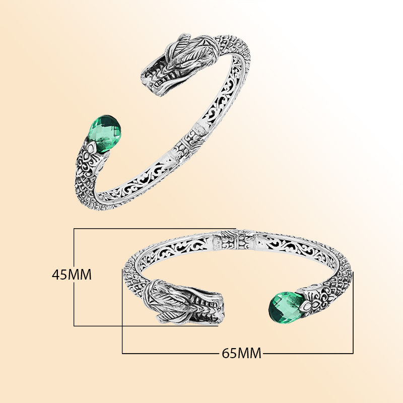 Sterling silver dragon spirit cuff bracelet with green quartz handcrafted in Bali