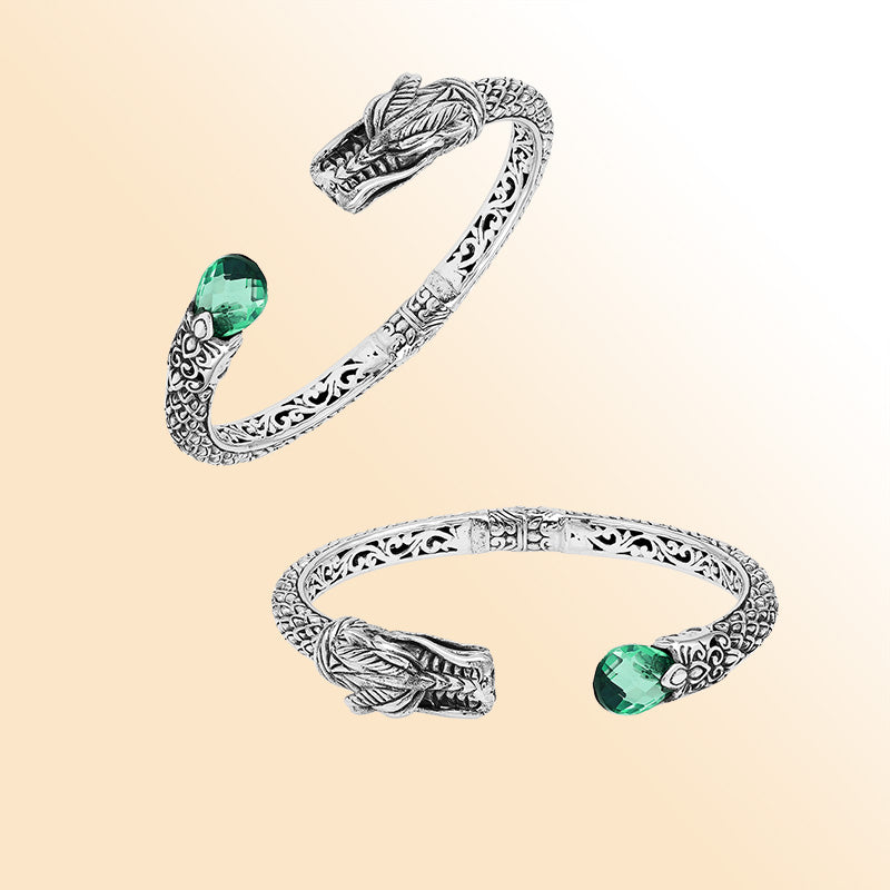 Sterling Silver Dragon Spirit Green Quartz Cuff Bracelet