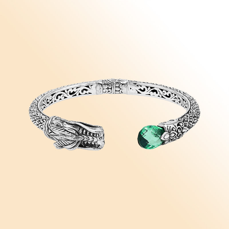 Sterling silver dragon spirit cuff bracelet with green quartz handcrafted in Bali