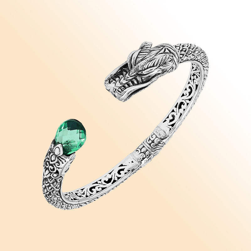 Sterling silver dragon spirit cuff bracelet with green quartz handcrafted in Bali