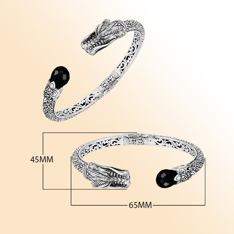Sterling silver dragon spirit cuff bracelet with black onyx handcrafted in Bali