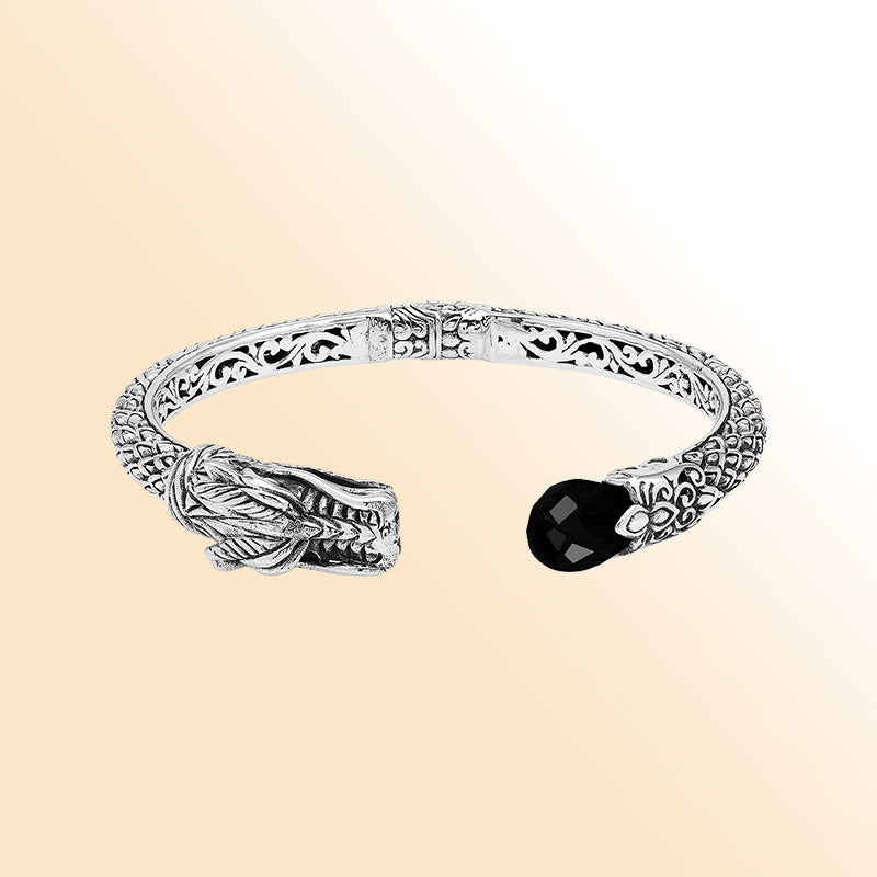 Sterling silver dragon spirit cuff bracelet with black onyx handcrafted in Bali