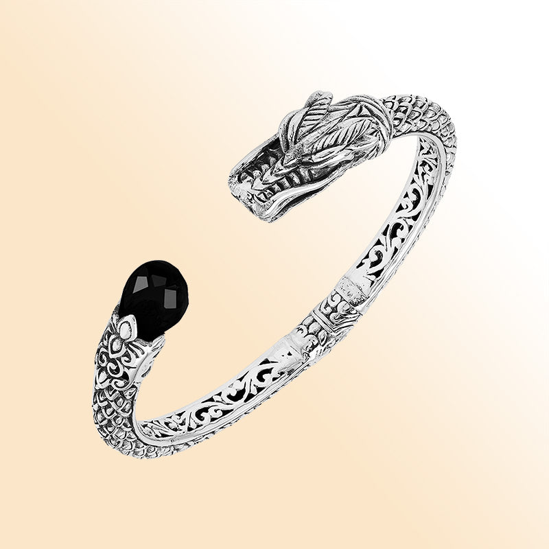 Sterling silver dragon spirit cuff bracelet with black onyx handcrafted in Bali