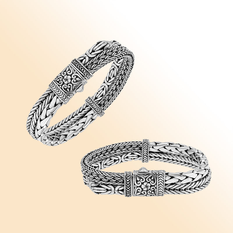 Sterling silver Balinese double wheat chain cuff bracelet handcrafted in Bali