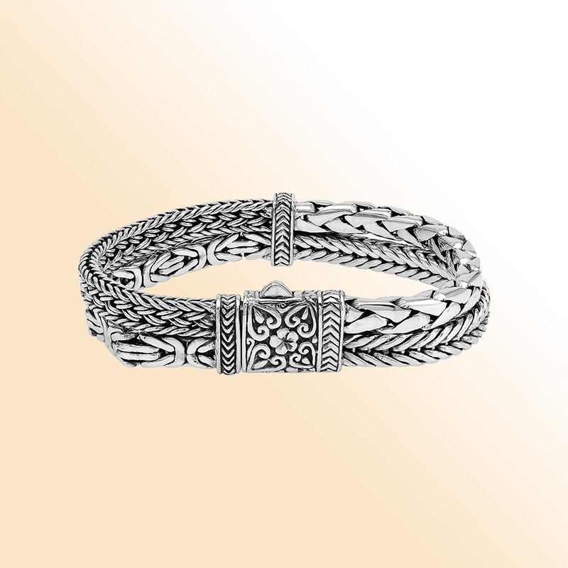 Sterling silver Balinese double wheat chain cuff bracelet handcrafted in Bali