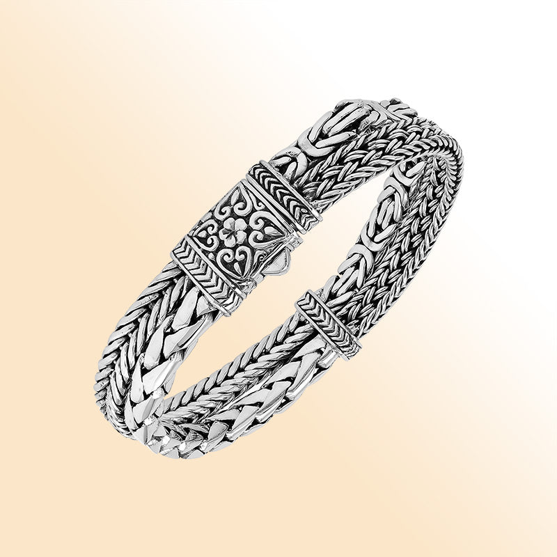 Sterling silver Balinese double wheat chain cuff bracelet handcrafted in Bali
