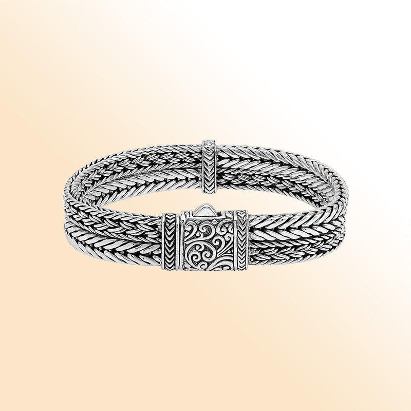 Sterling silver Balinese triple wheat chain cuff bracelet handcrafted in Bali