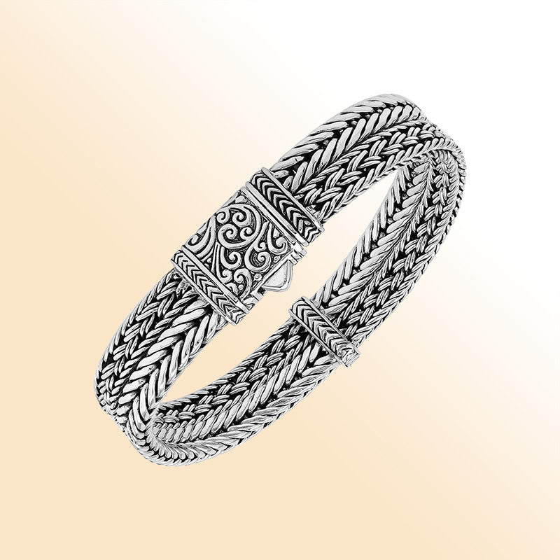 Sterling silver Balinese triple wheat chain cuff bracelet handcrafted in Bali