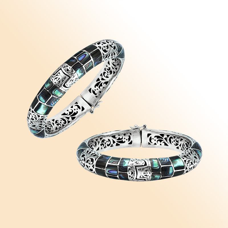 Sterling silver Balinese abalone shell inlay bangle bracelet handcrafted in Bali