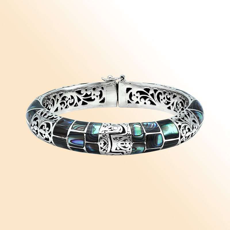 Sterling silver Balinese abalone shell inlay bangle bracelet handcrafted in Bali