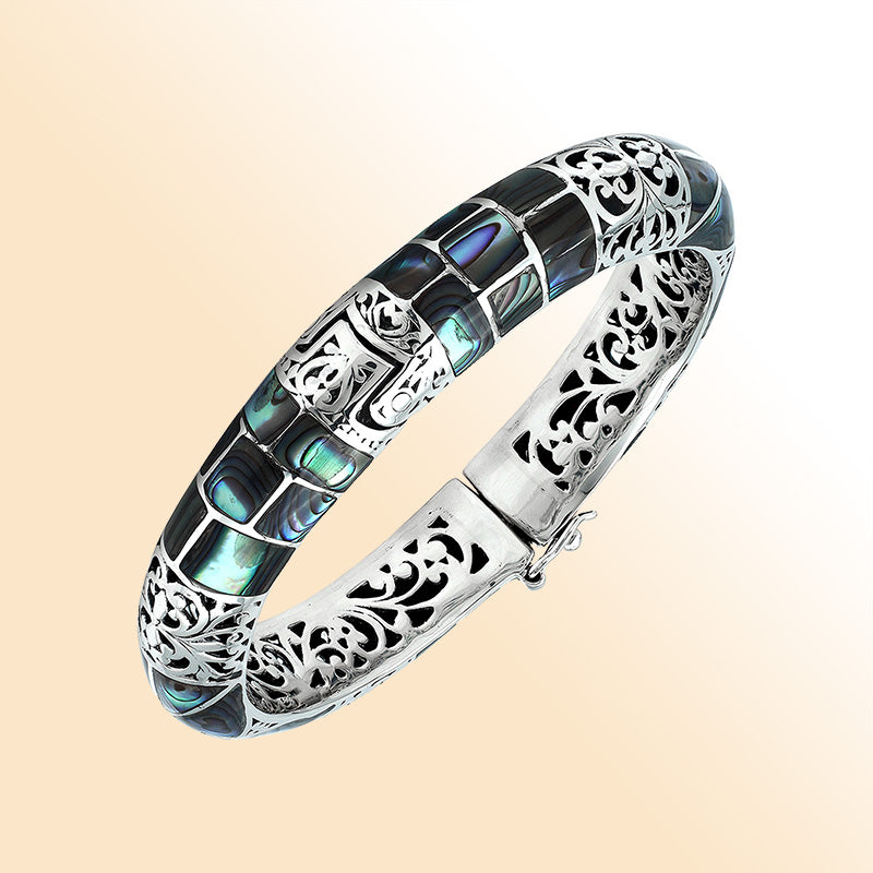 Sterling silver Balinese abalone shell inlay bangle bracelet handcrafted in Bali