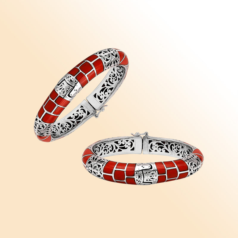 Handcrafted sterling silver red coral inlay bangle with filigree details made in Bali.