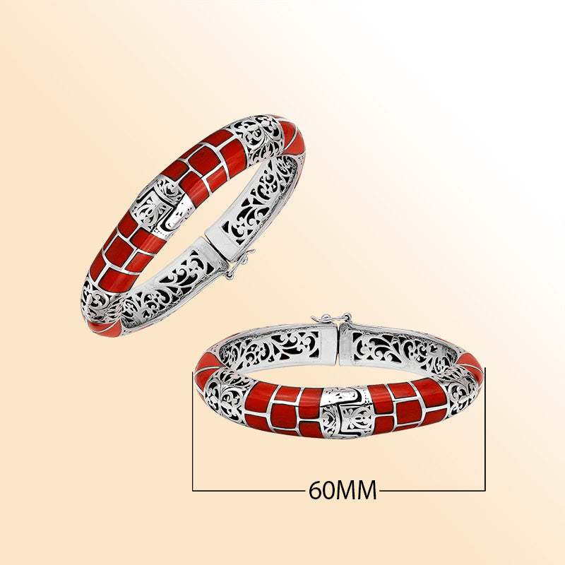 Handcrafted sterling silver red coral inlay bangle with filigree details made in Bali.