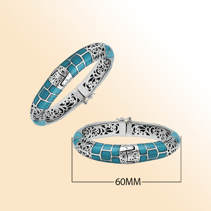 Handcrafted sterling silver turquoise shell inlay hinged bangle with filigree accents made in Bali.