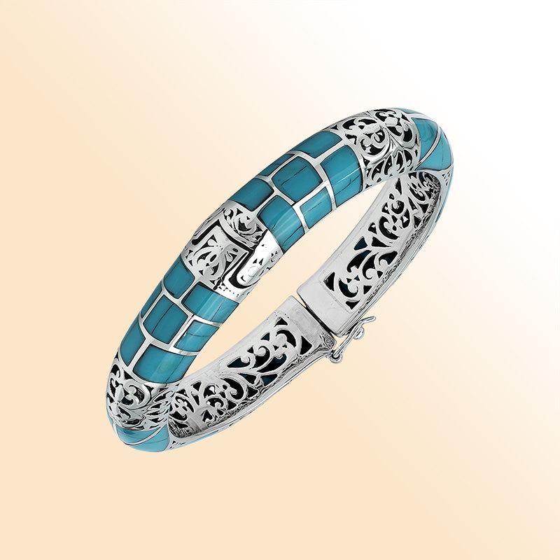 Handcrafted sterling silver turquoise shell inlay hinged bangle with filigree accents made in Bali.
