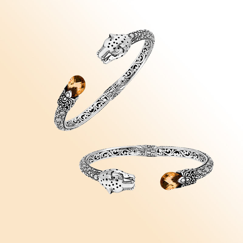 Handcrafted sterling silver cuff with citrine quartz and panther head design made in Bali.