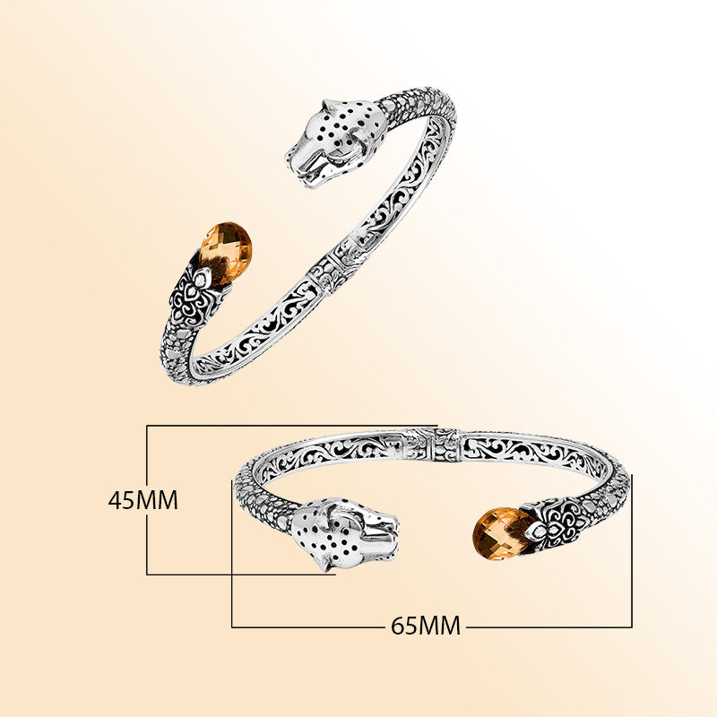 Handcrafted sterling silver cuff with citrine quartz and panther head design made in Bali.