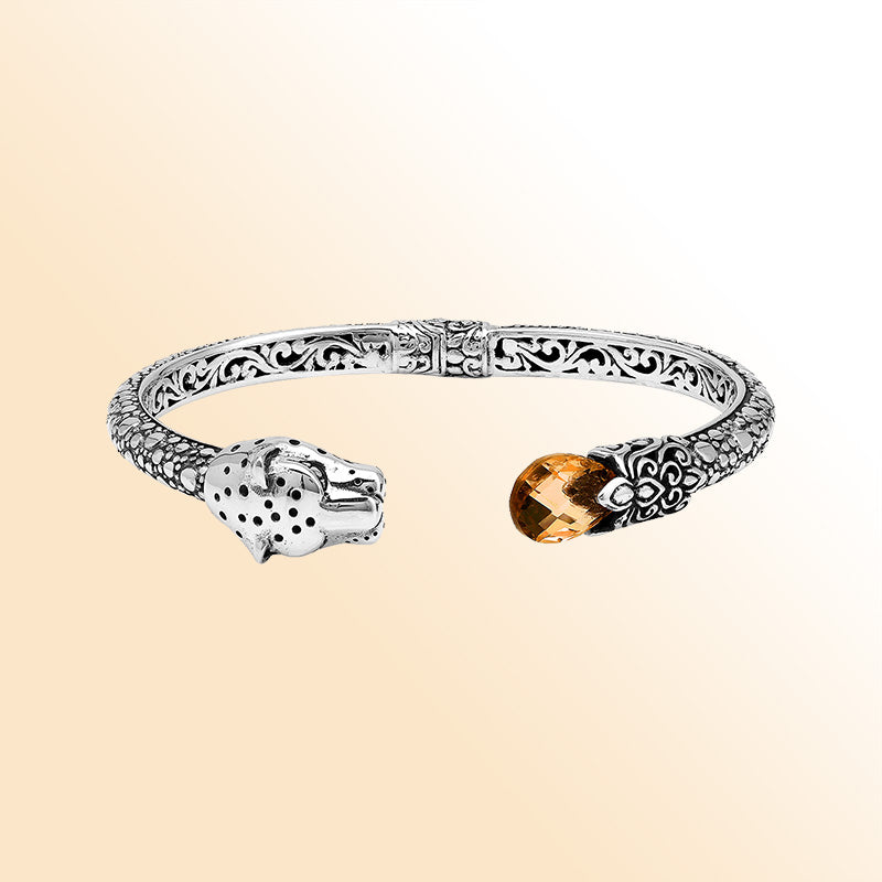 Handcrafted sterling silver cuff with citrine quartz and panther head design made in Bali.