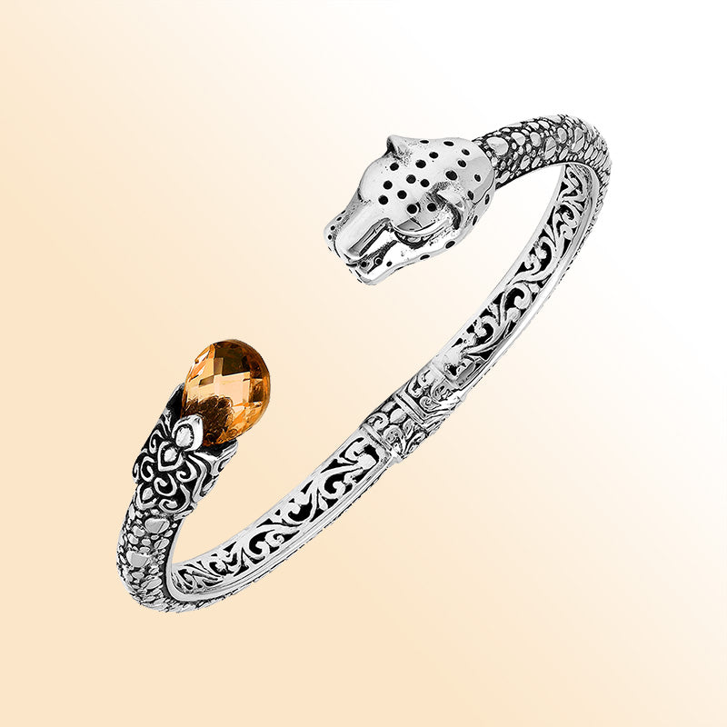 Handcrafted sterling silver cuff with citrine quartz and panther head design made in Bali.