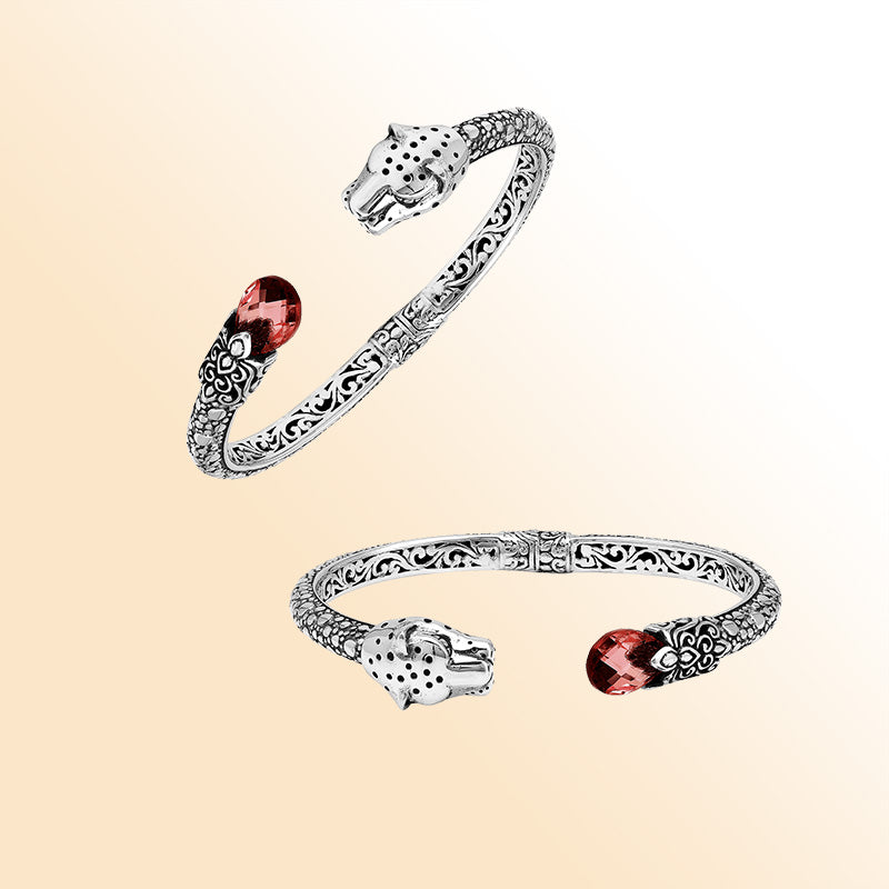 Handcrafted sterling silver cuff with garnet quartz and panther head design made in Bali.