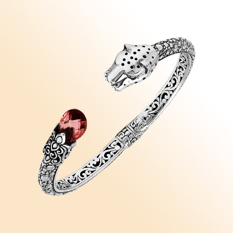 Handcrafted sterling silver cuff with garnet quartz and panther head design made in Bali.
