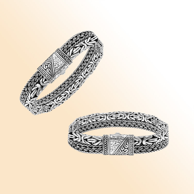 Handcrafted sterling silver woven bracelet featuring detailed Bali patterns and a secure push lock clasp, designed for stylish everyday wear and gifting.