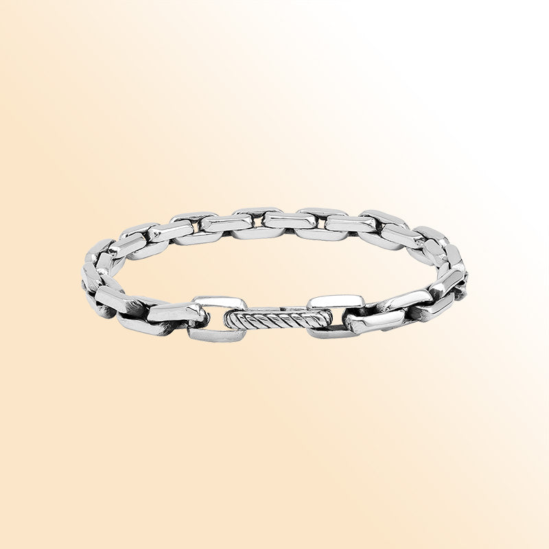A handcrafted sterling silver polished-link bracelet featuring a secure Carabiner Lock, smooth reflective finishing, and clean modern styling ideal for everyday minimalistic wear.