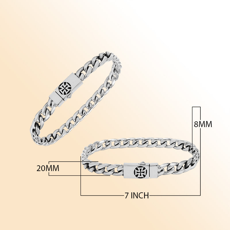A handcrafted sterling silver polished curb bracelet featuring a detailed engraved Push Clasp, smooth reflective finishing, and contemporary styling for elegant everyday wear.