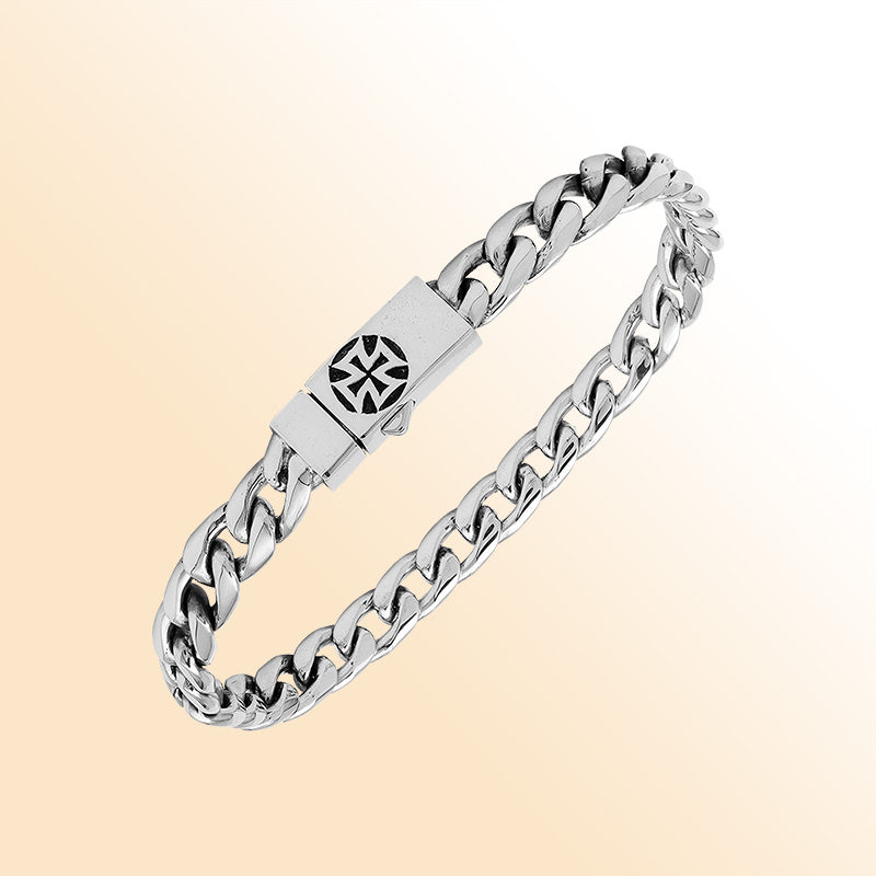 A handcrafted sterling silver polished curb bracelet featuring a detailed engraved Push Clasp, smooth reflective finishing, and contemporary styling for elegant everyday wear.