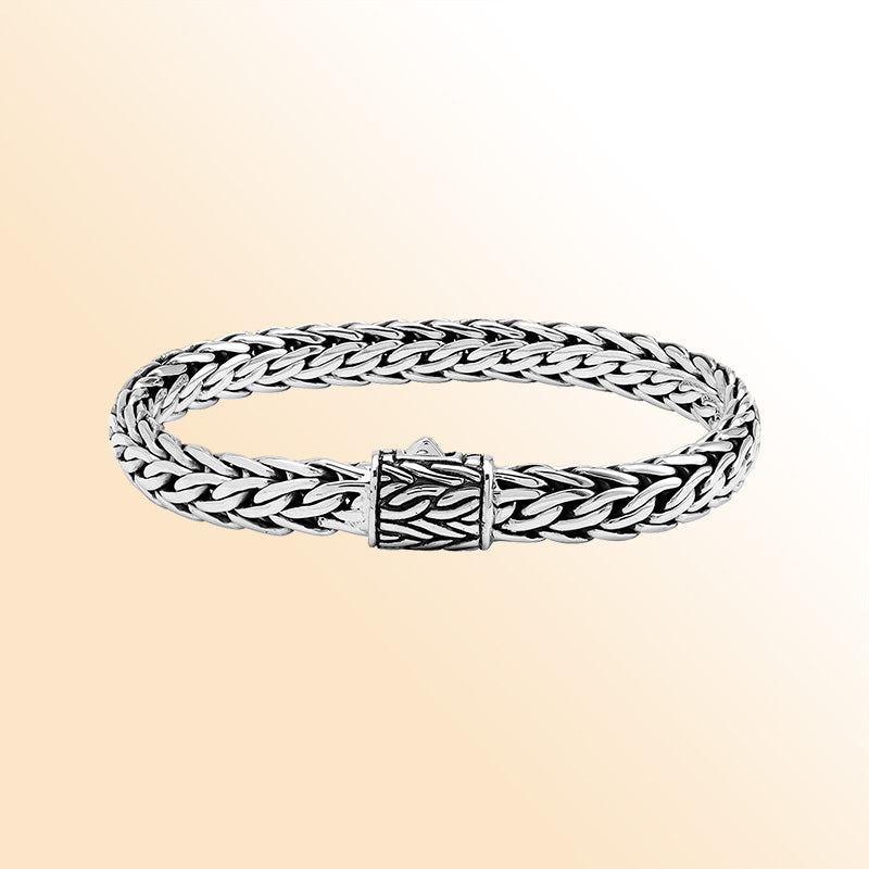 Sterling Silver Wheat Chain Bracelet With Oxidized Finish Handcrafted In Bali