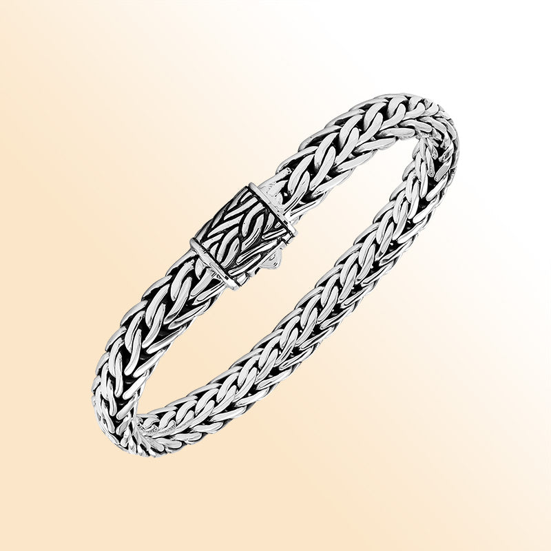 Sterling Silver Wheat Chain Bracelet With Oxidized Finish Handcrafted In Bali