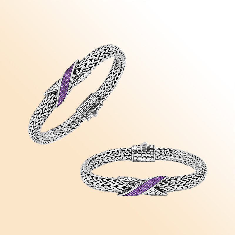 Sterling Silver woven bracelet featuring an artistic Amethyst Quartz accent and a polished push clasp, crafted with refined details and luminous high-gloss finish for a sophisticated accessory.
