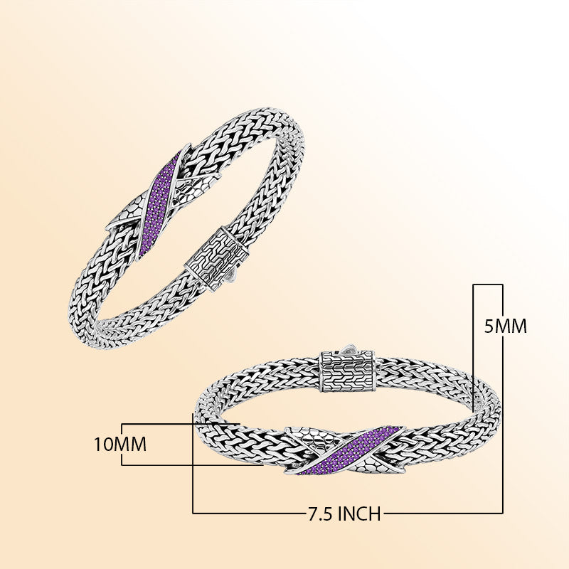 Sterling Silver woven bracelet featuring an artistic Amethyst Quartz accent and a polished push clasp, crafted with refined details and luminous high-gloss finish for a sophisticated accessory.