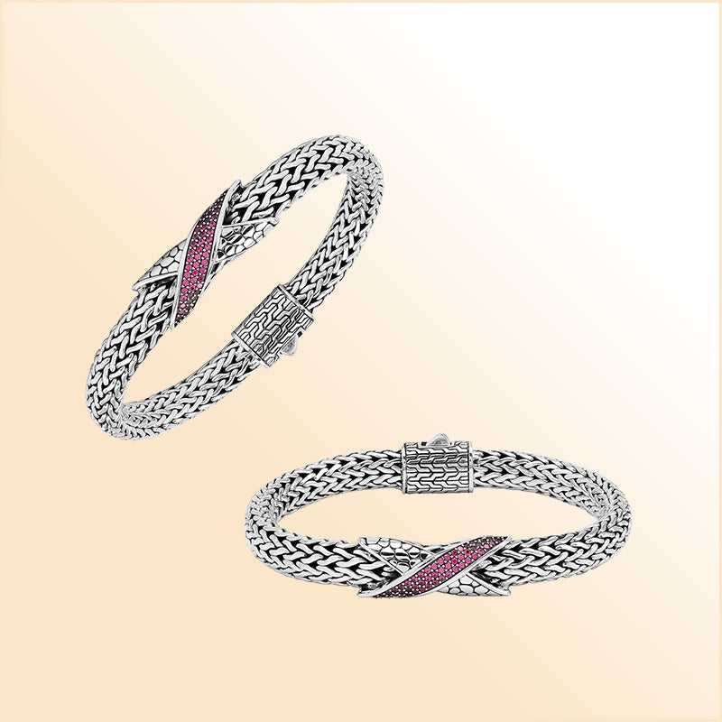Sterling Silver woven bracelet featuring a vibrant Ruby Quartz crisscross motif with a mirror-polished surface, designed to provide an expressive accessory that blends refined craftsmanship with radiant color.