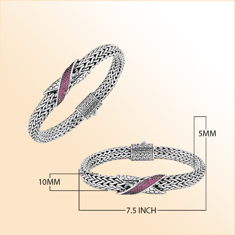 Sterling Silver woven bracelet featuring a vibrant Ruby Quartz crisscross motif with a mirror-polished surface, designed to provide an expressive accessory that blends refined craftsmanship with radiant color.