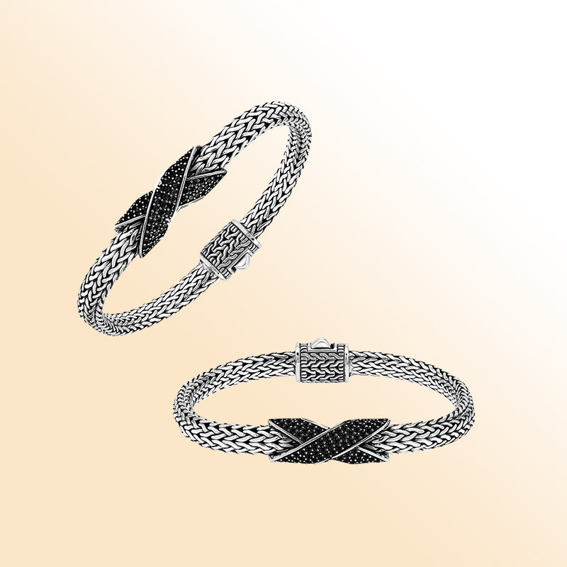 Sterling Silver woven designer bracelet with bold criss-cross centerpiece set in shimmering Black Cubic Zirconia, offering a luxurious and modern statement look for sophisticated everyday and evening style.