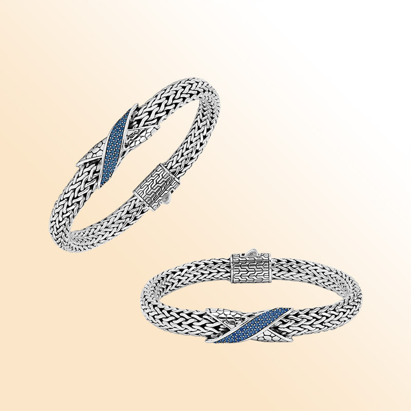 Sterling Silver woven bracelet featuring a vibrant Sapphire Quartz crisscross motif combined with a mirror-polished finish, offering expressive shine, refined craftsmanship, and balanced artistic detailing.