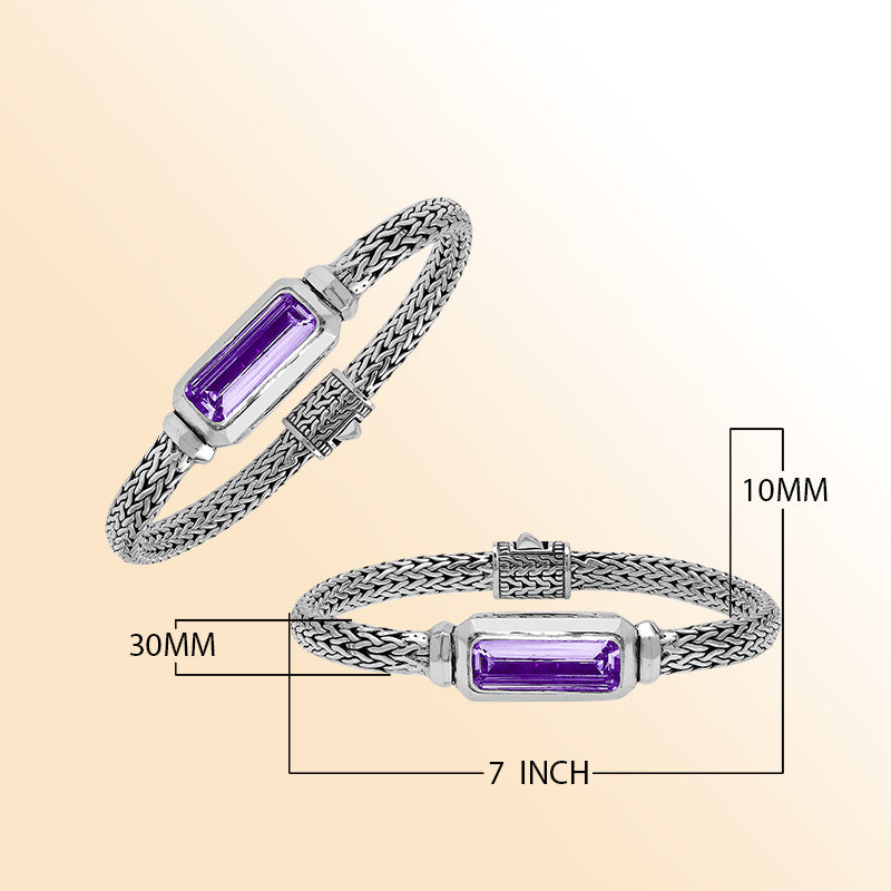 Sterling silver bracelet featuring an amethyst quartz baguette with a handwoven Balinese chain and oxidized finish.